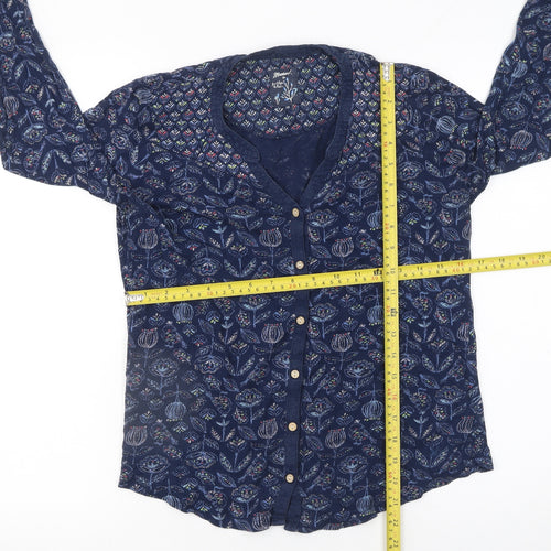 Mantaray Women Blue Floral Cotton Button-Up Tunic Top Size 10