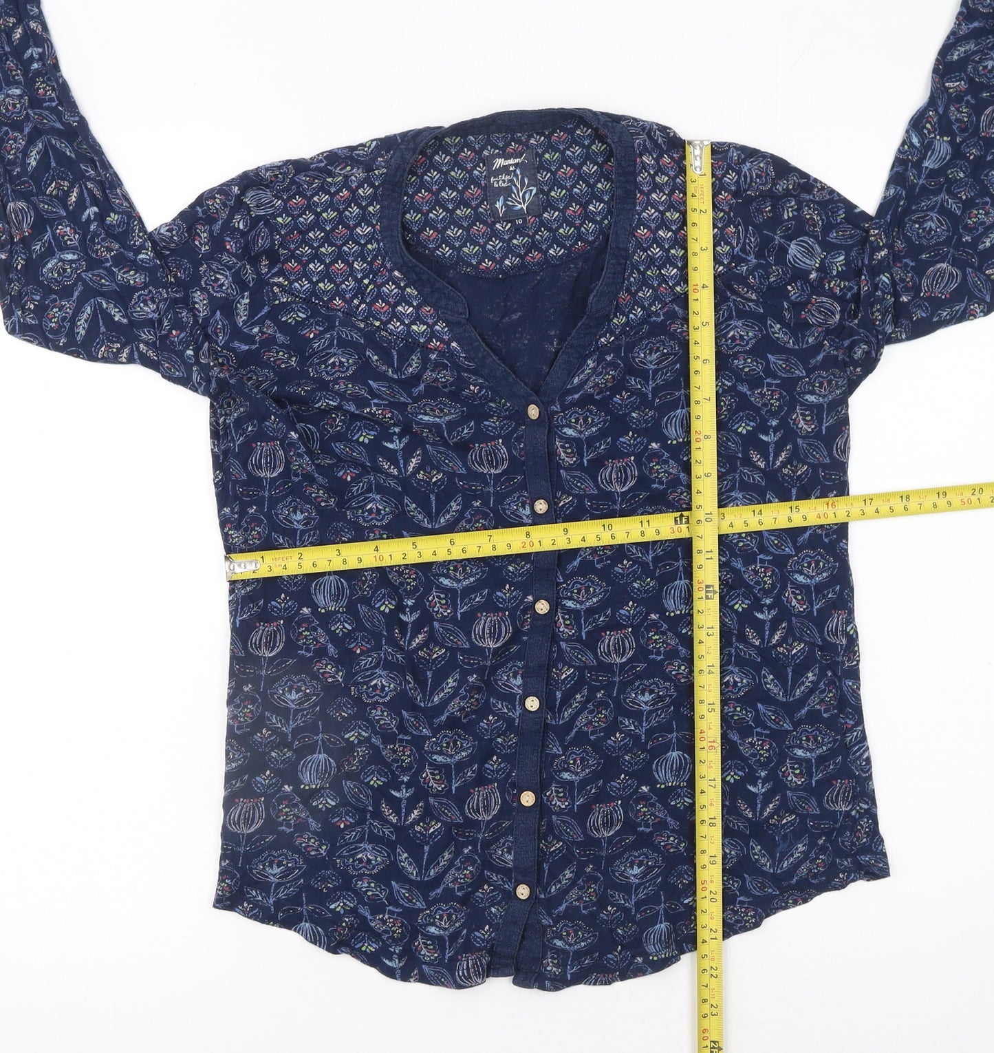 Mantaray Women Blue Floral Cotton Button-Up Tunic Top Size 10