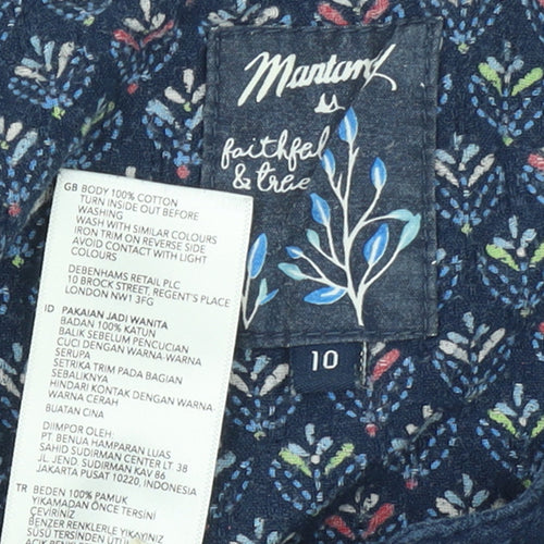 Mantaray Women Blue Floral Cotton Button-Up Tunic Top Size 10