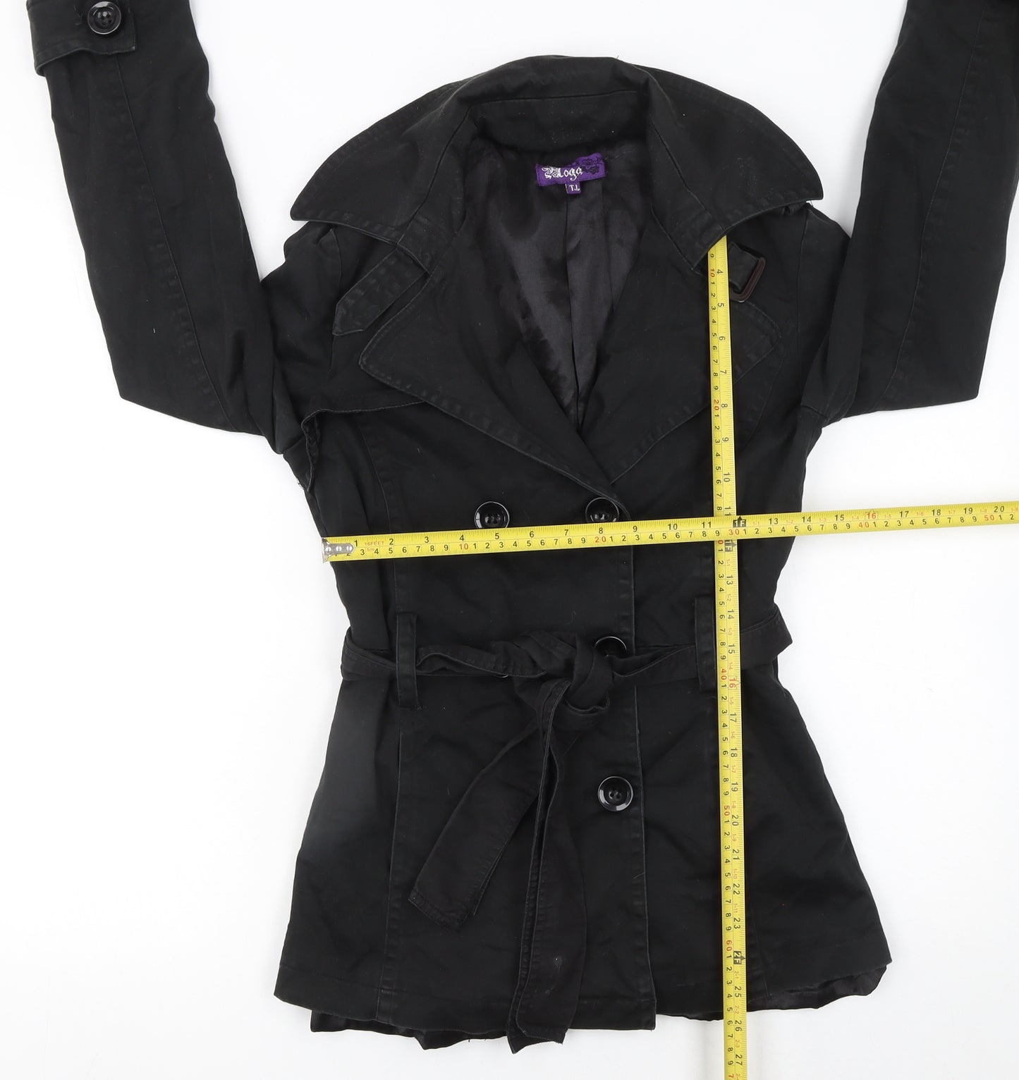 Yoga Women's Black L Trench Coat Belted Cotton Blend Classic Style