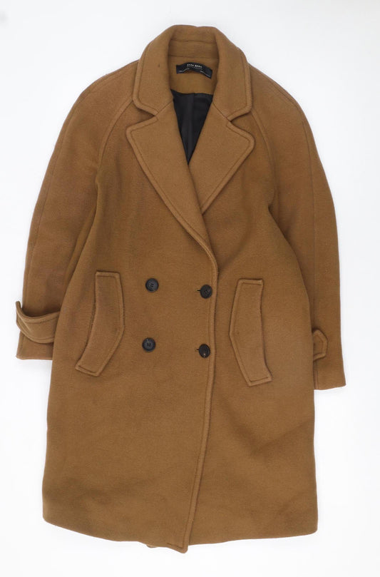 Zara Basic Women Brown Wool Long Overcoat Size 12 Lined Classic Style