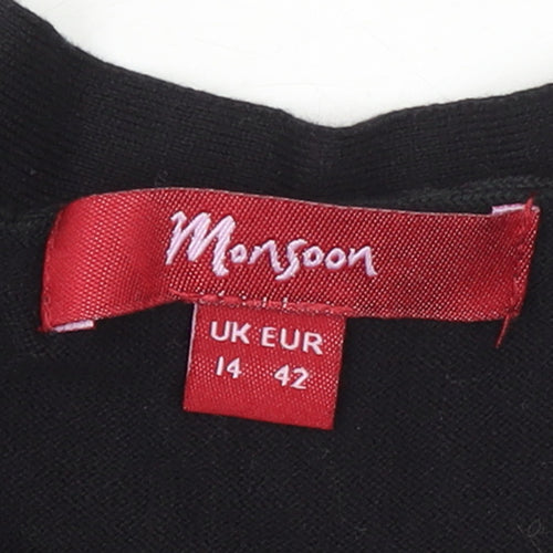 Monsoon Women Black Size 14 Cotton Belted Long Sleeve Cardigan