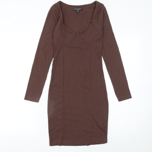 Brave Soul Women's Brown Long Sleeve Bodycon Jersey Dress XS
