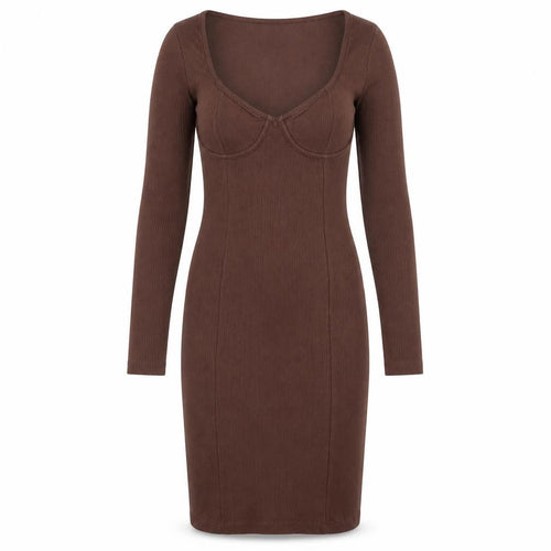 Brave Soul Women's Brown Long Sleeve Bodycon Jersey Dress XS
