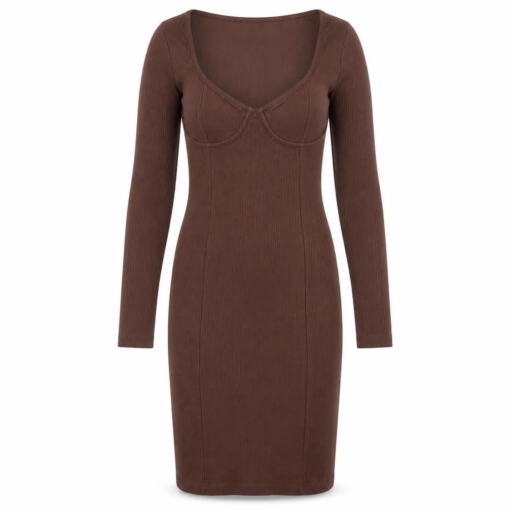 Brave Soul Women's Brown Long Sleeve Bodycon Jersey Dress XS