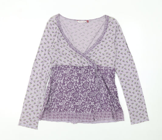 White Stuff Women's Purple Floral Wrap Blouse Size 12 Linen Blend