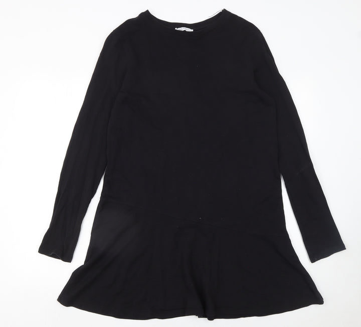 Zara Women Black Long Sleeve Cotton Shift Dress Size 12