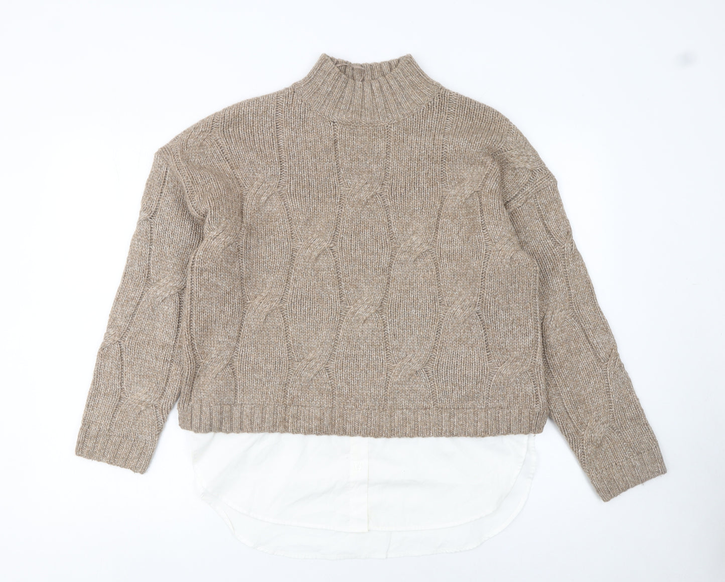 Primark Women Beige Cable-Knit Mock Neck Jumper Size 10