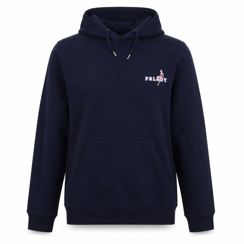 Front view of Stanley/Stella women’s navy pullover hoodie, size UK 12, retro graphic print