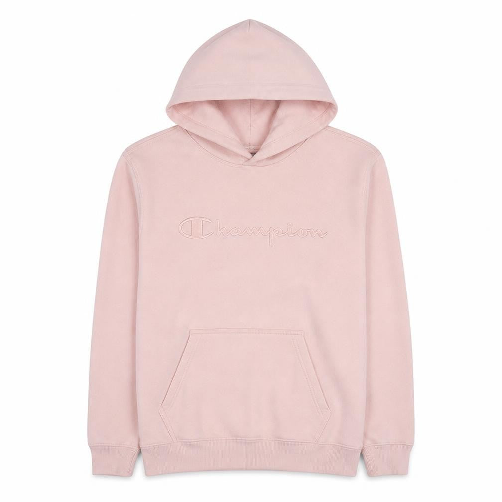 Front view of Champion women’s pink hooded pullover sweatshirt, size L