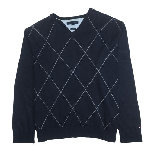 Tommy Hilfiger Men's Blue Argyle V-Neck Pullover Jumper XXL