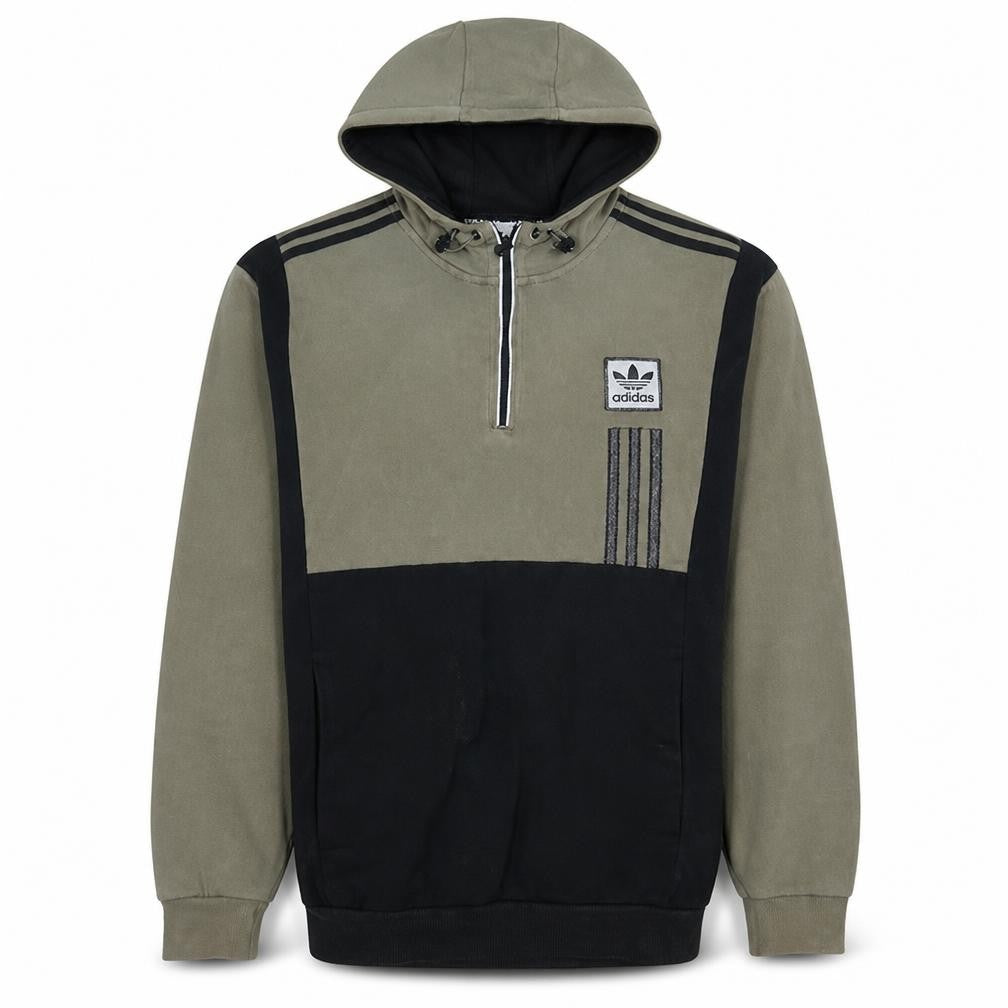 Front view of Adidas men’s khaki black hoodie, size M, 1/4 zip pullover sweatshirt