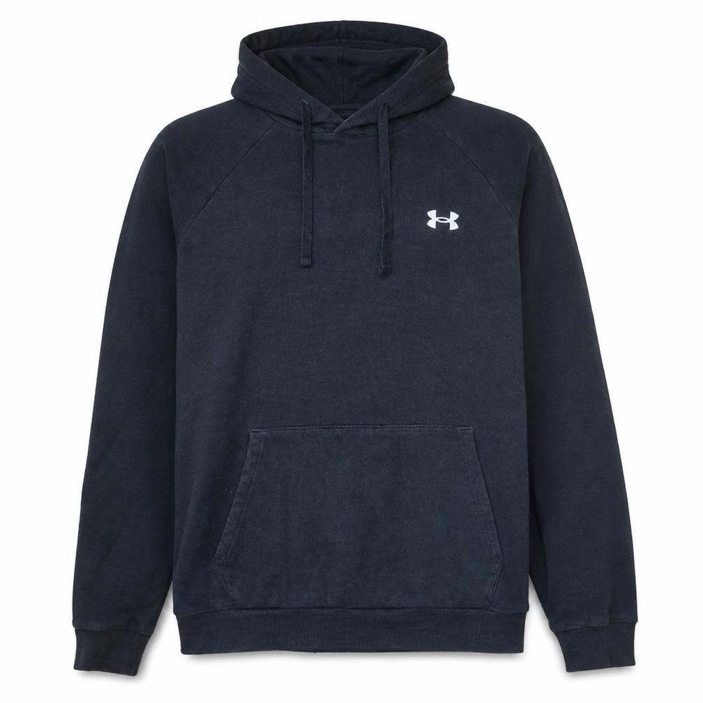 Front view of Under Armour Men's Black Pullover Hoodie, size L, Loose Fit ColdGear