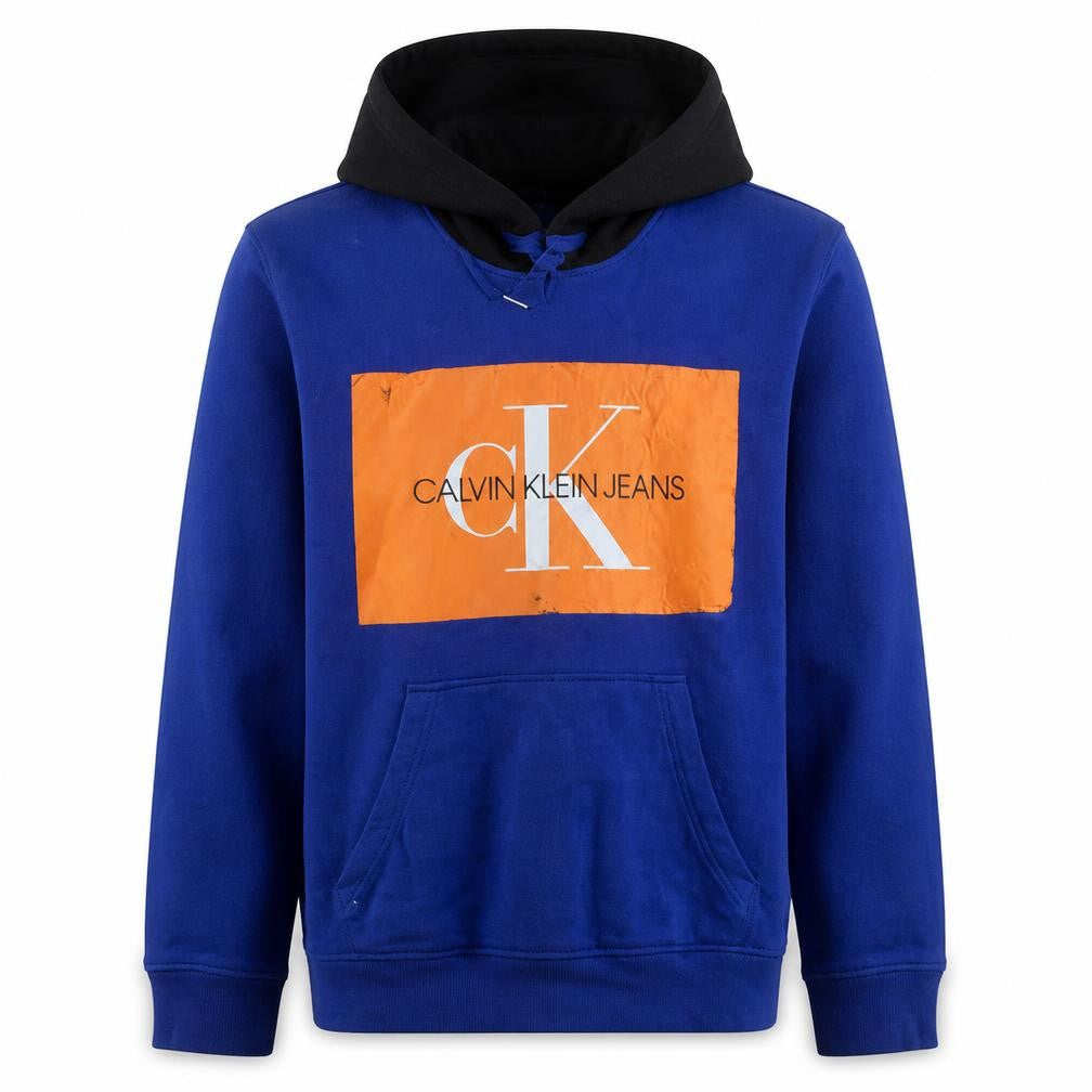 Front view of Calvin Klein Jeans Men's Blue Pullover Hoodie M Logo Design