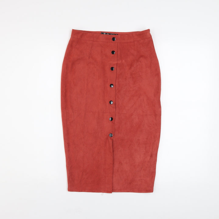 Motel Women’s Red Suede Midi Pencil Skirt UK 8 Button Front