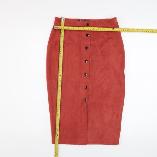 Motel Women’s Red Suede Midi Pencil Skirt UK 8 Button Front