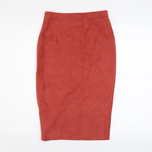 Motel Women’s Red Suede Midi Pencil Skirt UK 8 Button Front
