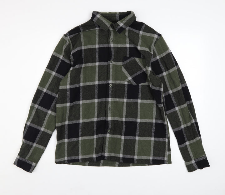 BoohooMAN Men's Green Check Flannel Long Sleeve Button-Up Shirt Size L
