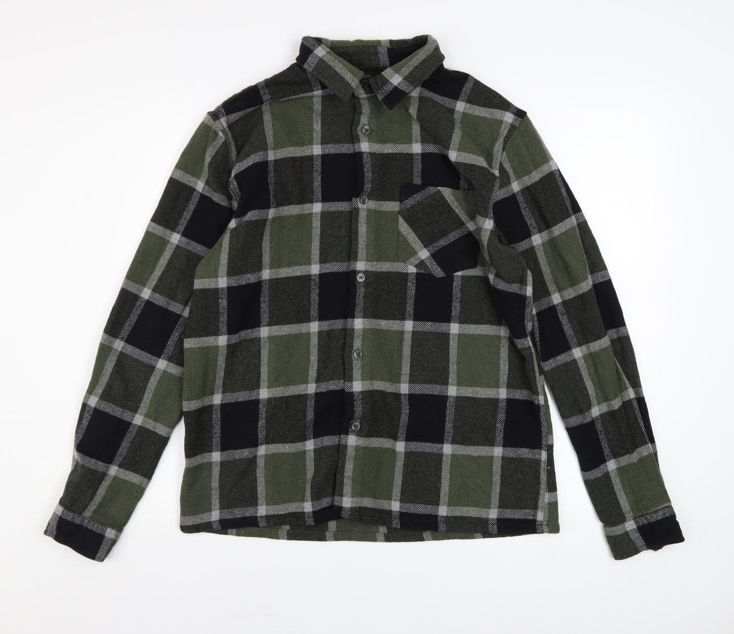 BoohooMAN Men's Green Check Flannel Long Sleeve Button-Up Shirt Size L