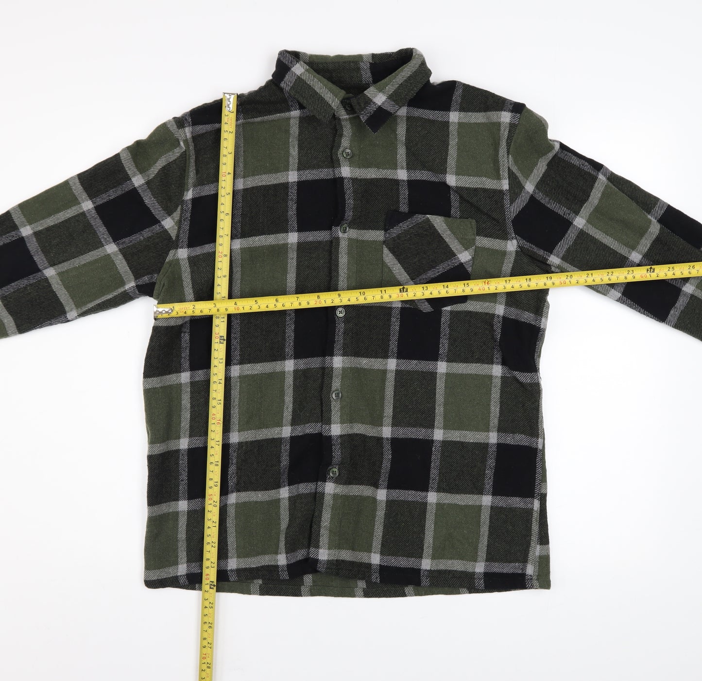 BoohooMAN Men's Green Check Flannel Long Sleeve Button-Up Shirt Size L