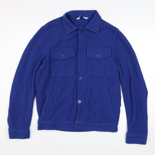 Zara Men Blue Cotton Tweed Bomber Jacket Size S Button-Up