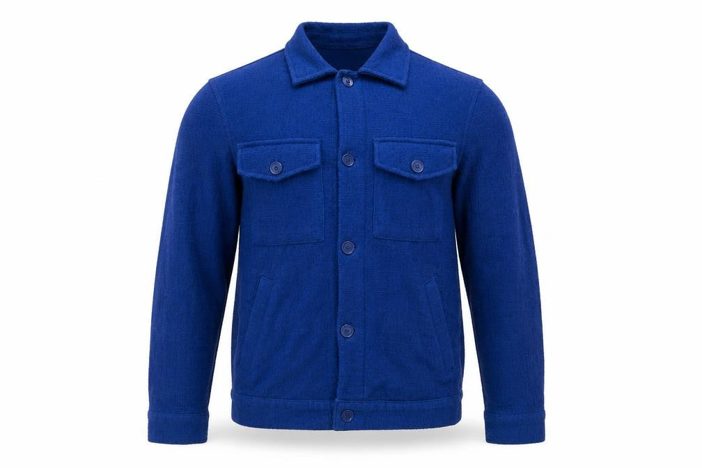 Front view of Zara Men Blue Cotton Tweed Bomber Jacket, size S, Button-Up