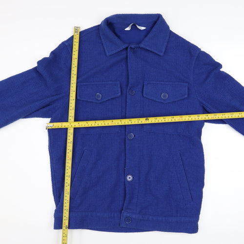 Zara Men Blue Cotton Tweed Bomber Jacket Size S Button-Up