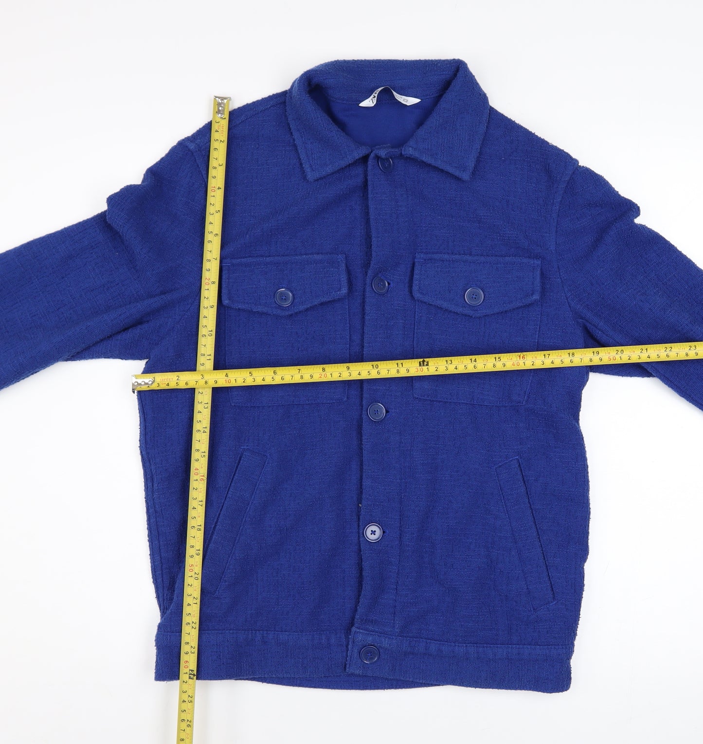 Zara Men Blue Cotton Tweed Bomber Jacket Size S Button-Up