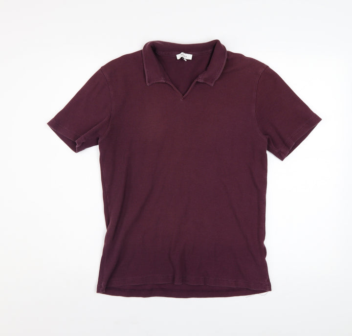 Reiss Men's Purple Short Sleeve Collared Knit Cotton Top M