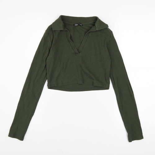 Zara Women Green Collared Cropped Long Sleeve Jersey Top Size M