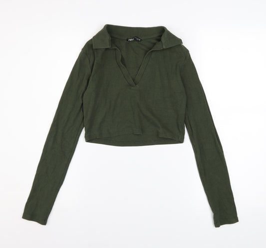Zara Women Green Collared Cropped Long Sleeve Jersey Top Size M