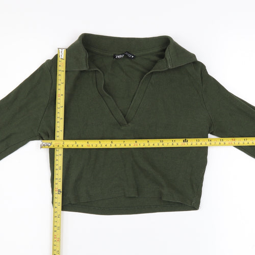 Zara Women Green Collared Cropped Long Sleeve Jersey Top Size M