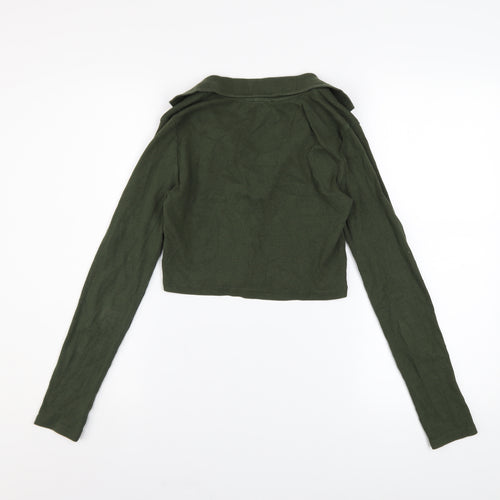Zara Women Green Collared Cropped Long Sleeve Jersey Top Size M