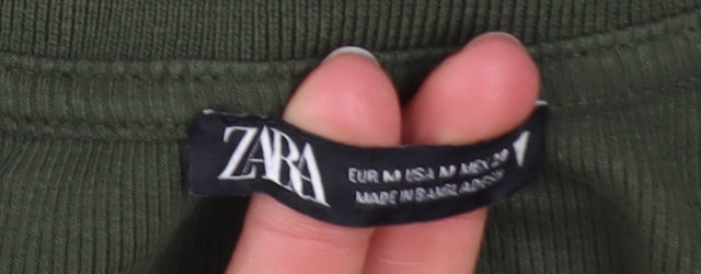 Zara Women Green Collared Cropped Long Sleeve Jersey Top Size M