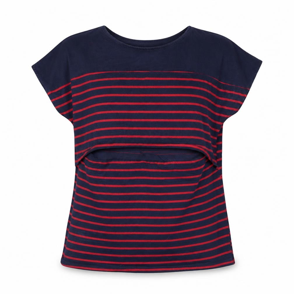 Front view of SMALLSHOW Women's Blue Striped Cotton T-Shirt, size M
