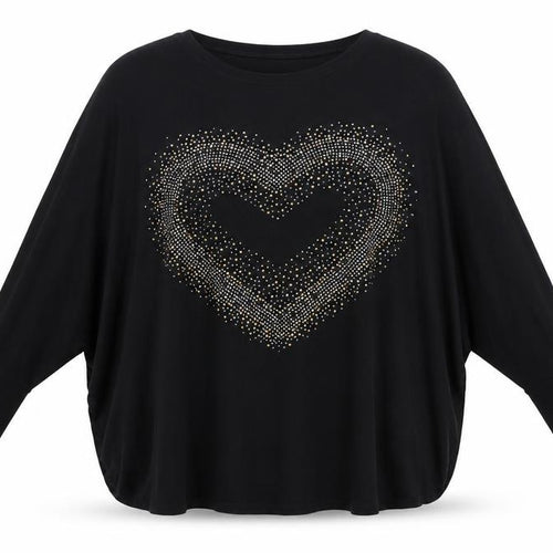 Quiz Women's Black Rhinestone Heart Long Sleeve Relaxed Top S/M