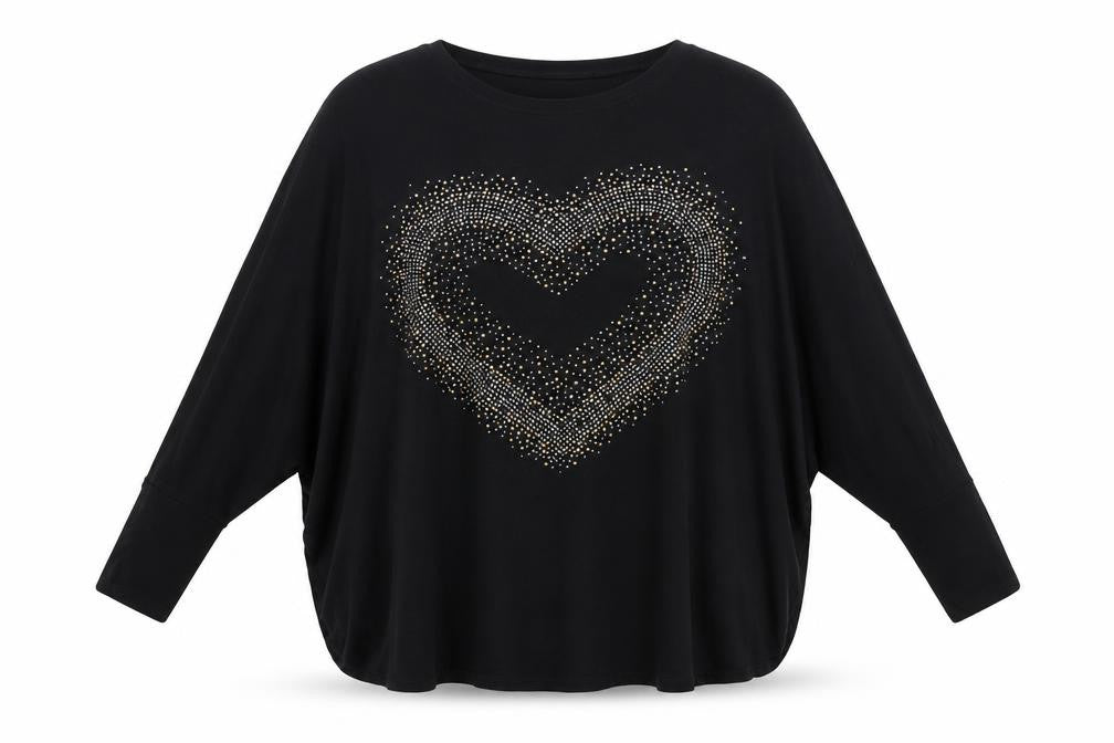 Quiz Women's Black Rhinestone Heart Long Sleeve Relaxed Top S/M