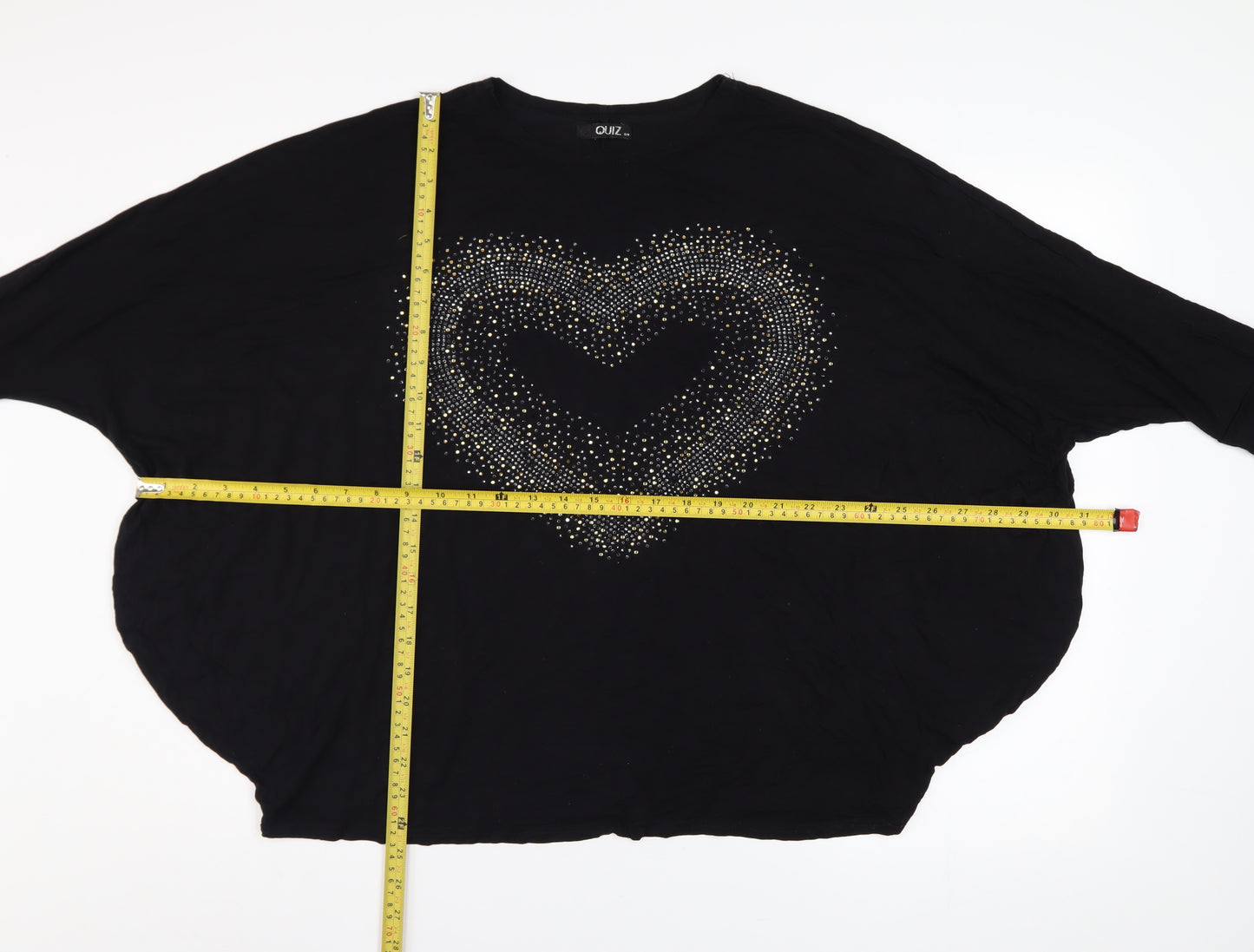 Quiz Women's Black Rhinestone Heart Long Sleeve Relaxed Top S/M