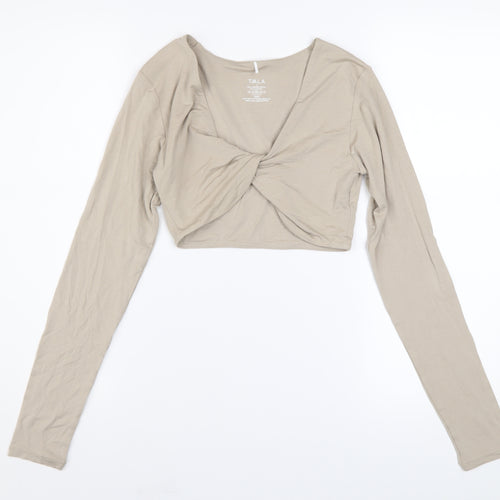 Tala Women’s Beige Long Sleeve Cropped V-Neck Twist Front Top - Size S