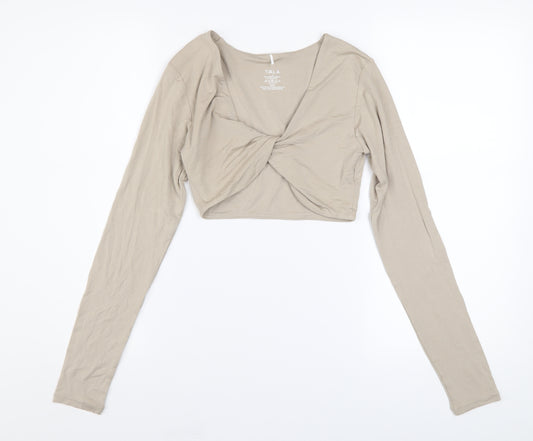 Tala Women’s Beige Long Sleeve Cropped V-Neck Twist Front Top - Size S