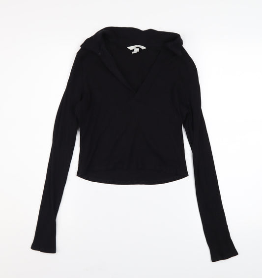 H&M Women Black Size 12 Cropped V-Neck Ribbed Long Sleeve Blouse