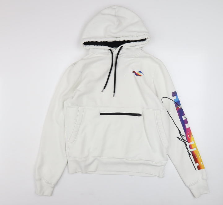 Hollister Men's White Pullover Hoodie M Graphic Logo Fleece
