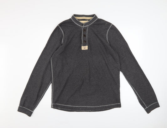 Hollister Men's Grey Waffle-Knit Henley Jumper Size L
