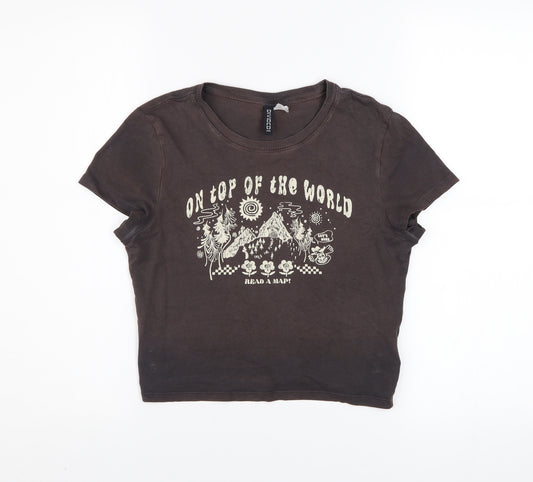 H&M Divided Women’s Brown Cropped T-Shirt Size 12 Graphic Cotton Top