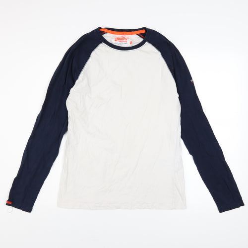 Superdry Men's White and Navy Long Sleeve Cotton Raglan Top M