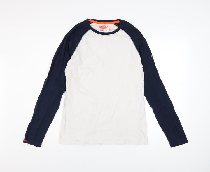 Superdry Men's White and Navy Long Sleeve Cotton Raglan Top M
