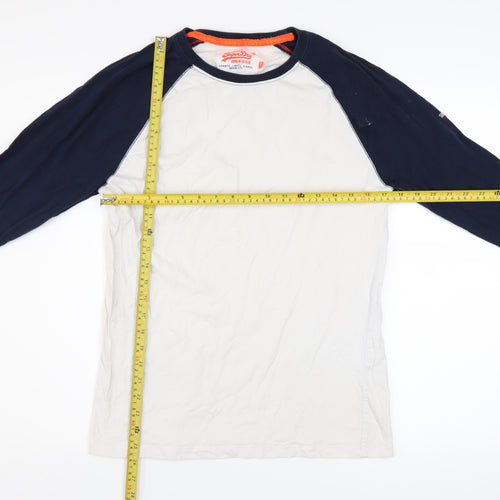 Superdry Men's White and Navy Long Sleeve Cotton Raglan Top M