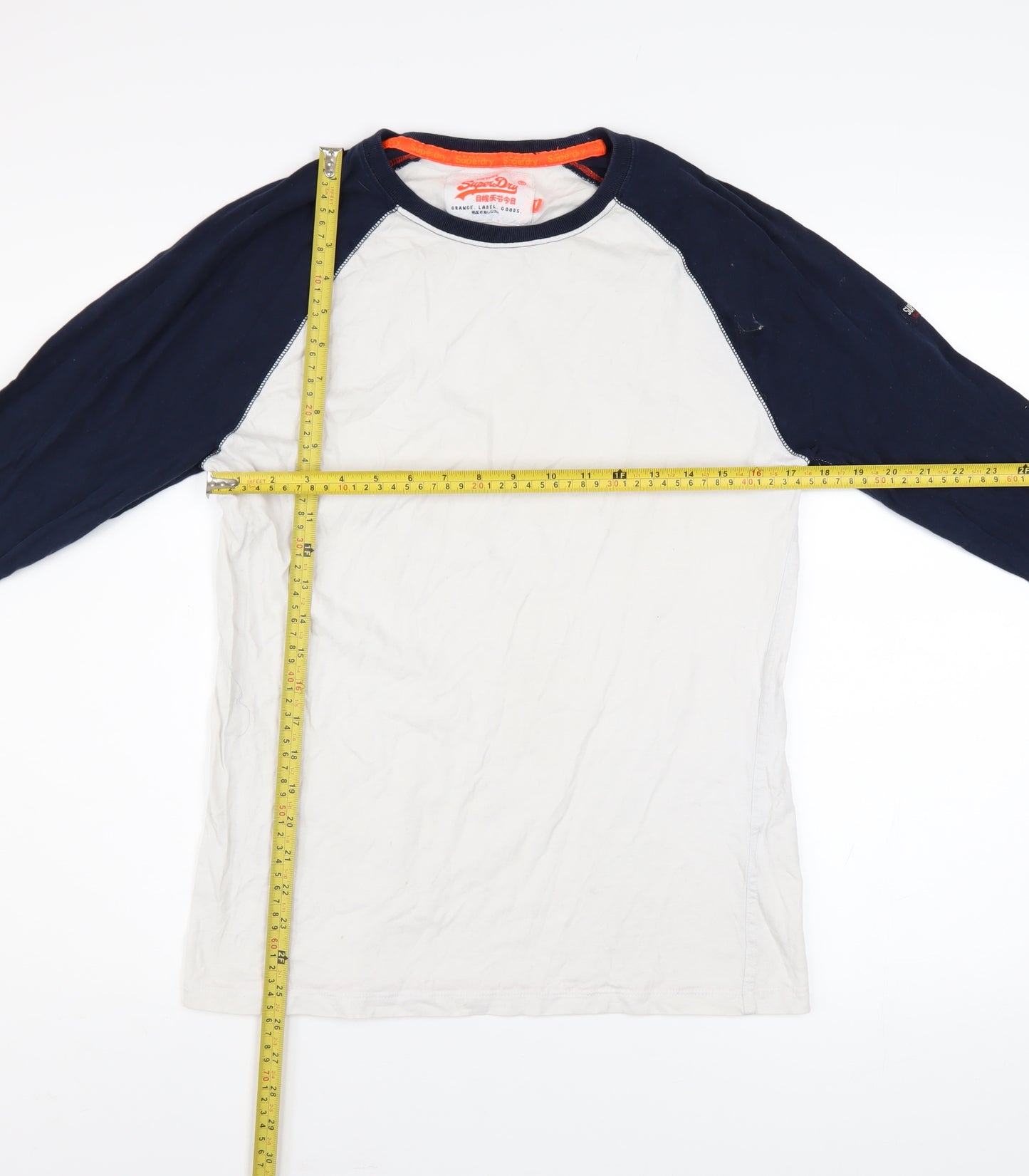 Superdry Men's White and Navy Long Sleeve Cotton Raglan Top M