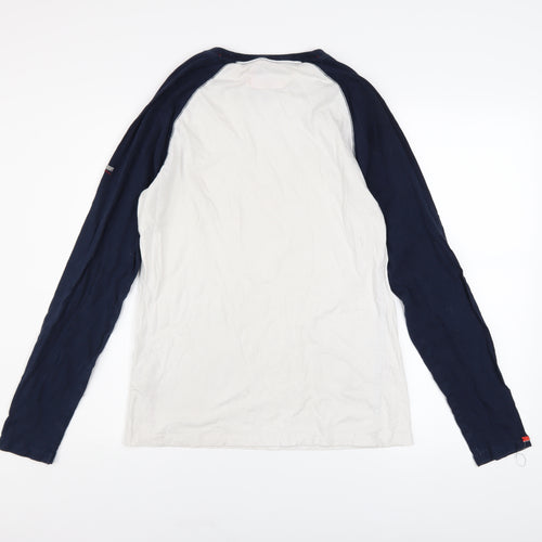 Superdry Men's White and Navy Long Sleeve Cotton Raglan Top M