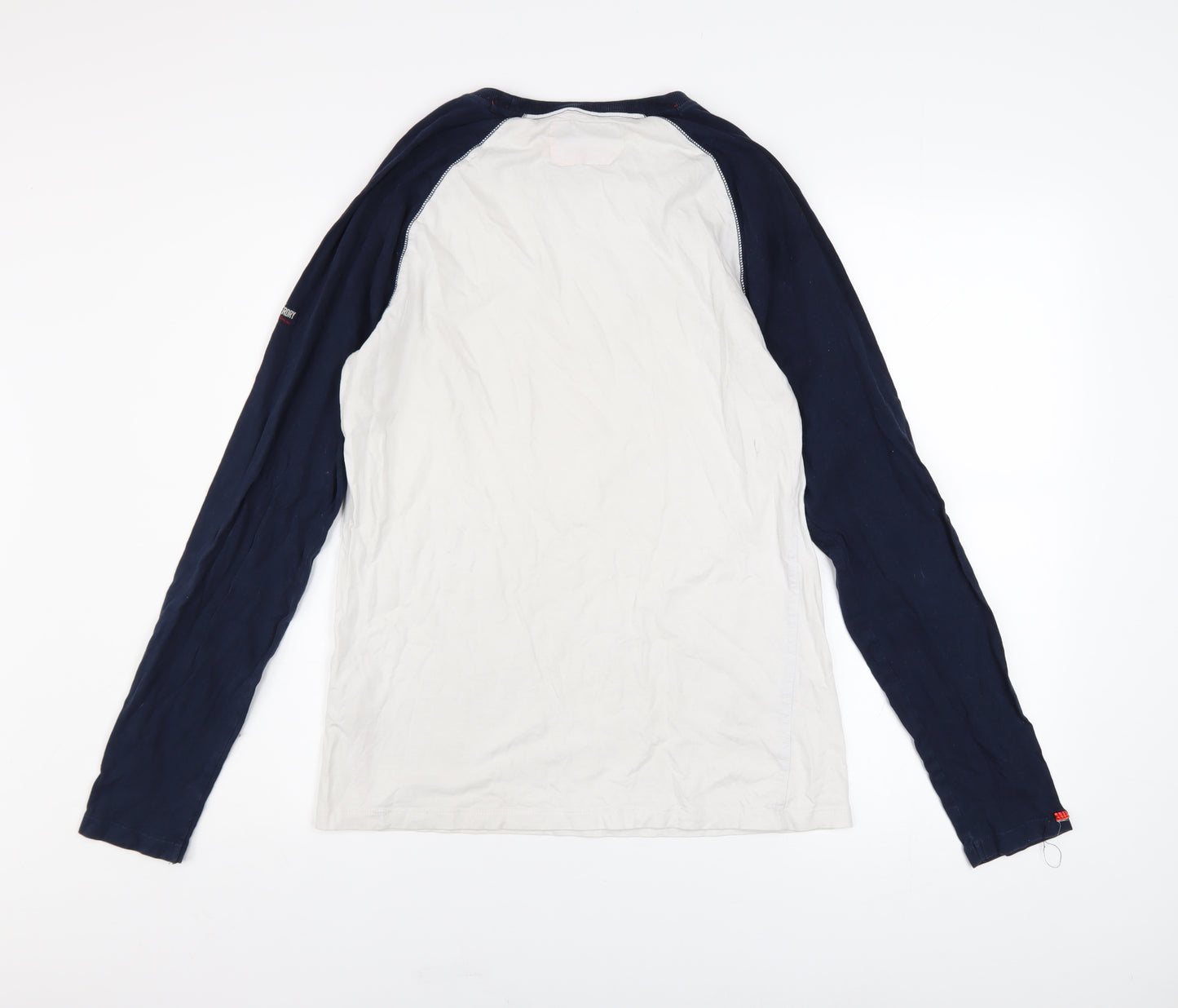 Superdry Men's White and Navy Long Sleeve Cotton Raglan Top M